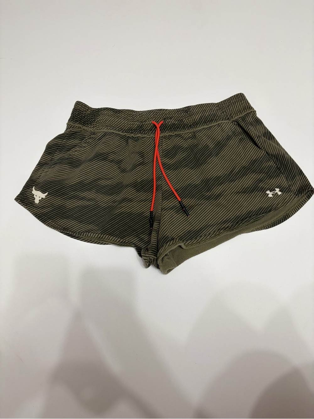 Under Armour Women's Olive Green Running Shorts with Red Drawcord lounge comfy